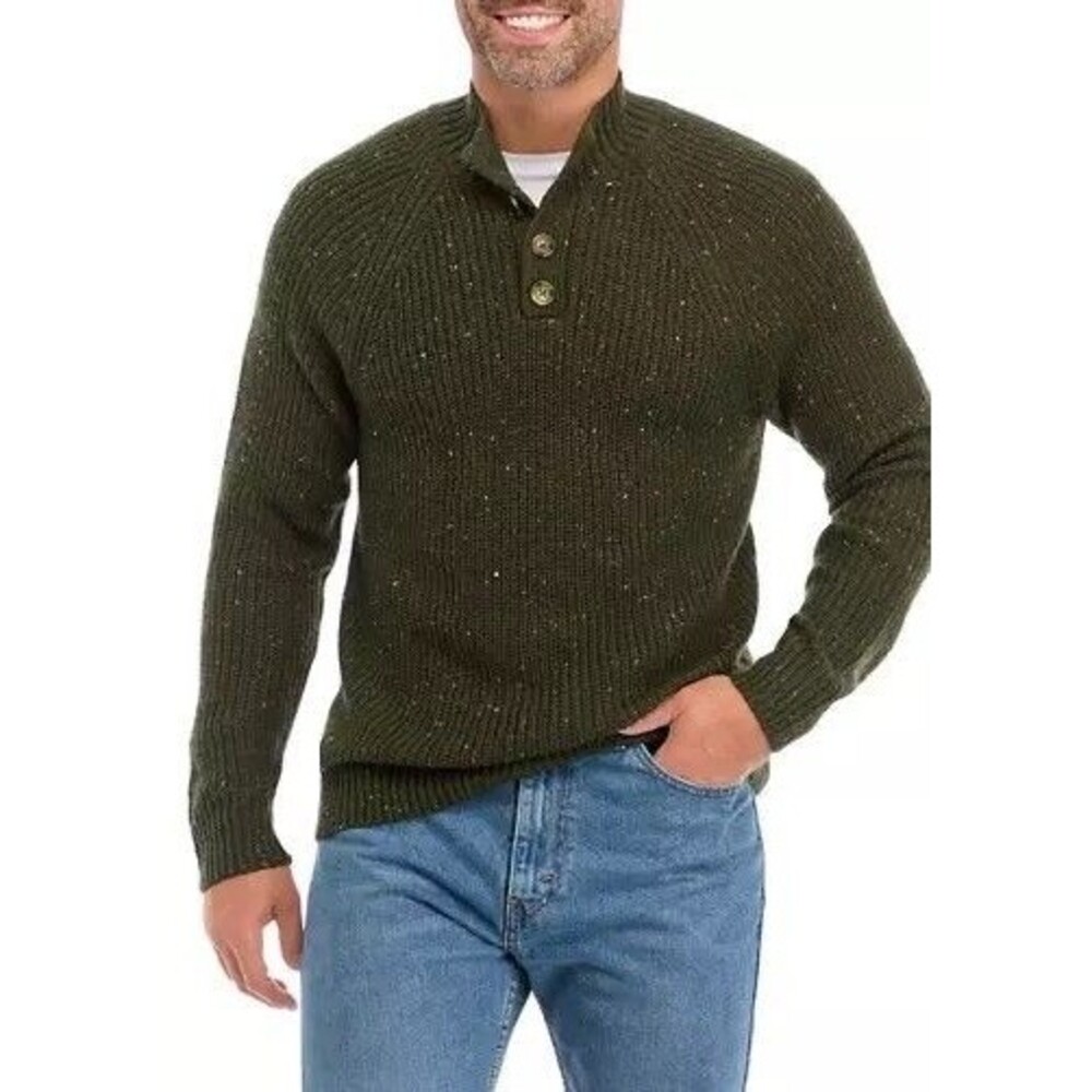 Lucky Brand Mens Large Nep 1/4 Mock Neck Sweater Olive Green Rib Knit 3 Button